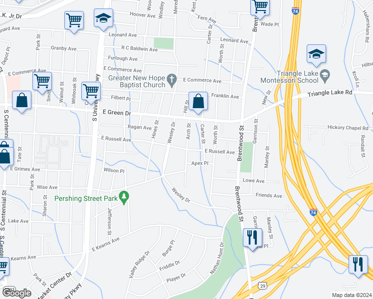 map of restaurants, bars, coffee shops, grocery stores, and more near 701 Arch Street in High Point