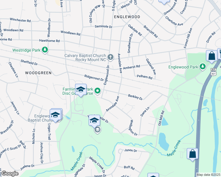 map of restaurants, bars, coffee shops, grocery stores, and more near 3012 Berkley Drive in Rocky Mount