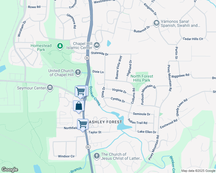 map of restaurants, bars, coffee shops, grocery stores, and more near 101 Virginia Drive in Chapel Hill