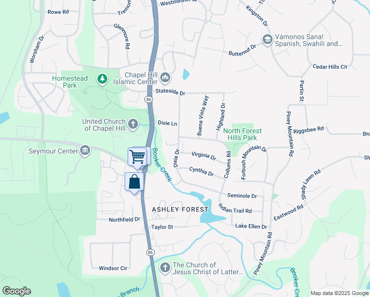 map of restaurants, bars, coffee shops, grocery stores, and more near 101 Virginia Drive in Chapel Hill