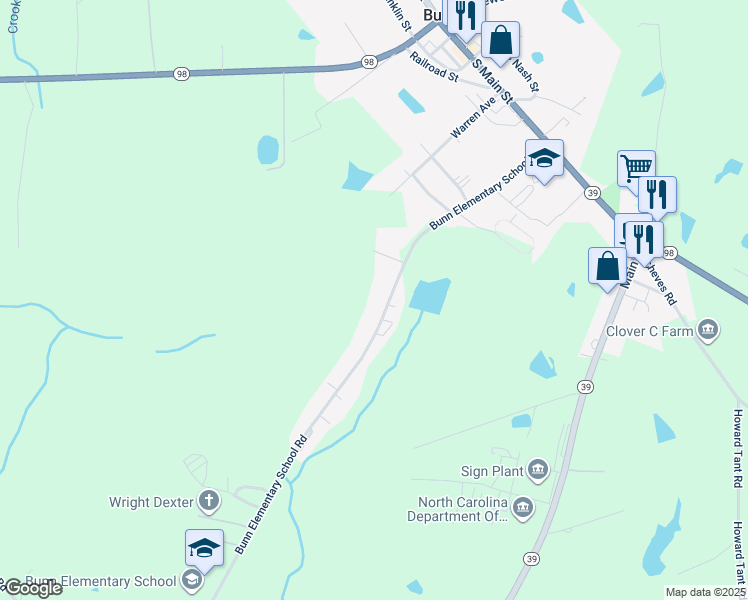 map of restaurants, bars, coffee shops, grocery stores, and more near 290 Bunn Elementary School Road in Bunn
