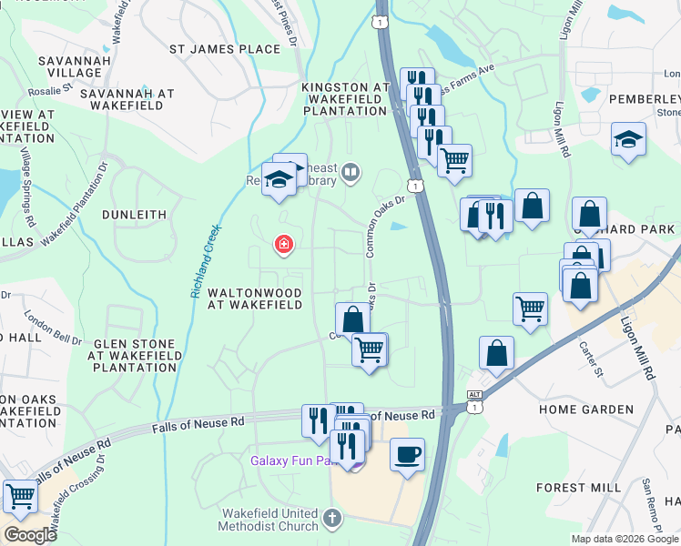 map of restaurants, bars, coffee shops, grocery stores, and more near 11321 Colbert Creek Loop in Raleigh