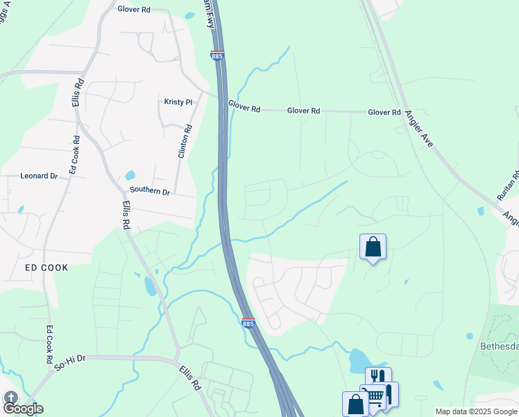 map of restaurants, bars, coffee shops, grocery stores, and more near Durham Freeway in Durham