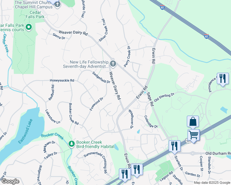 map of restaurants, bars, coffee shops, grocery stores, and more near 75a Weaver Dairy Road in Chapel Hill