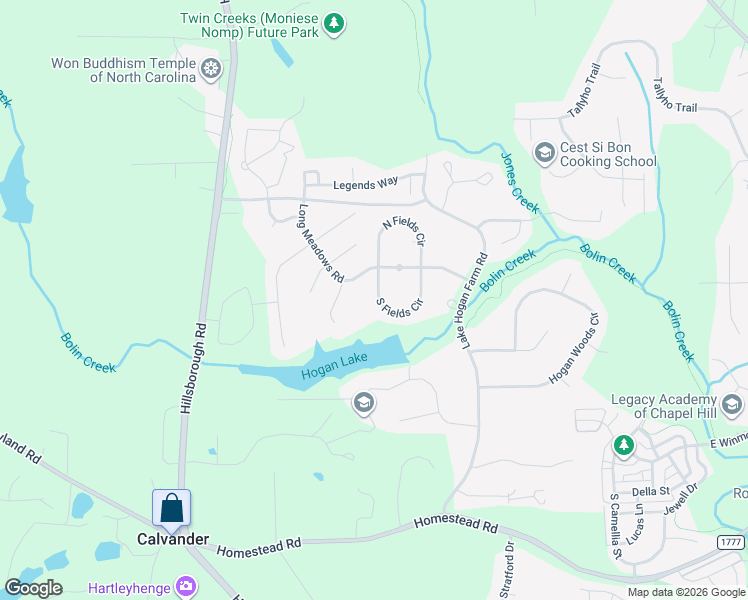map of restaurants, bars, coffee shops, grocery stores, and more near 135 South Fields Circle in Chapel Hill