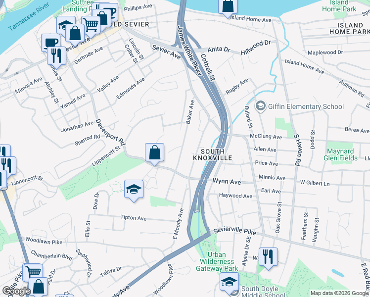 map of restaurants, bars, coffee shops, grocery stores, and more near 1133 Baker Avenue in Knoxville