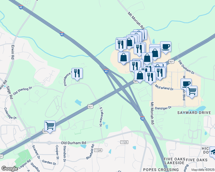 map of restaurants, bars, coffee shops, grocery stores, and more near 5632 Durham-Chapel Hill Boulevard in Durham