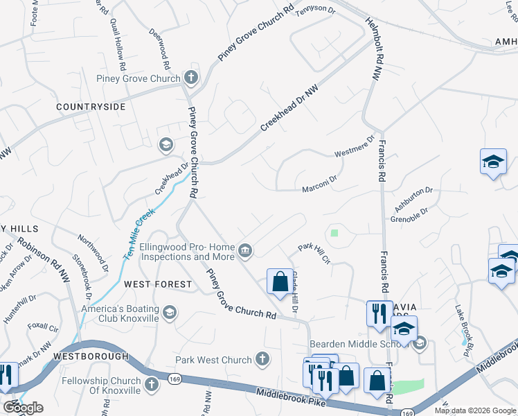 map of restaurants, bars, coffee shops, grocery stores, and more near 1725 Pinebrook Drive Northwest in Knoxville