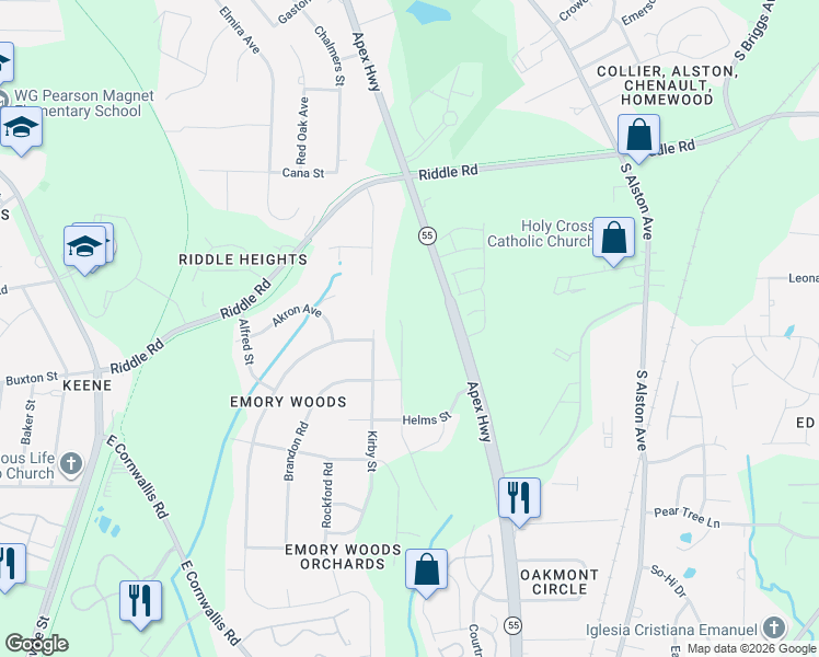 map of restaurants, bars, coffee shops, grocery stores, and more near 2544-2566 Apex Highway in Durham