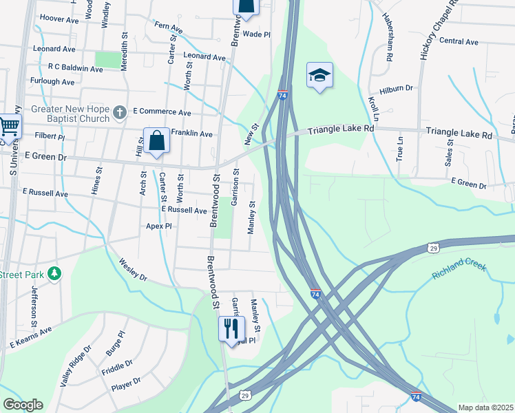 map of restaurants, bars, coffee shops, grocery stores, and more near 603 Manley Street in High Point