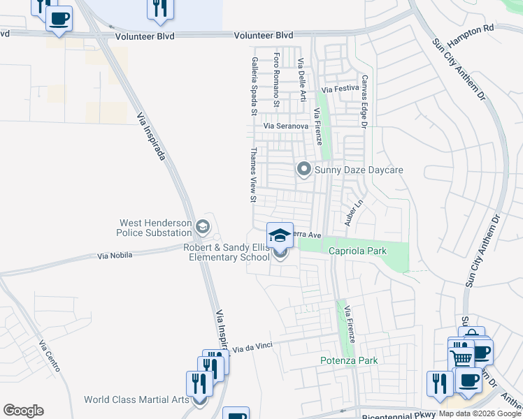 map of restaurants, bars, coffee shops, grocery stores, and more near 3216 Del Terra Avenue in Henderson