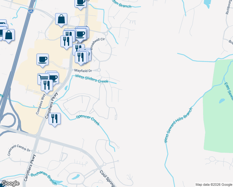 map of restaurants, bars, coffee shops, grocery stores, and more near 505 Hodges Court in Franklin