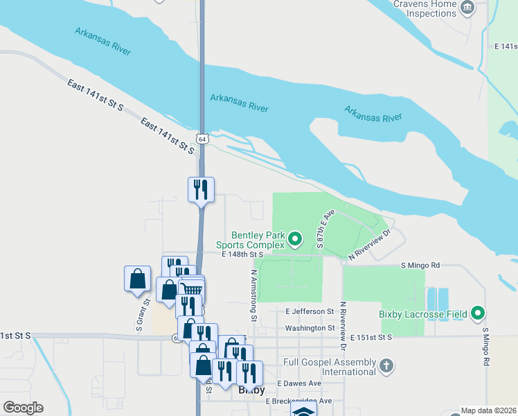 map of restaurants, bars, coffee shops, grocery stores, and more near 8403 East 147th Street South in Bixby