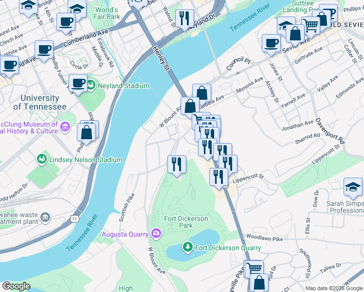 map of restaurants, bars, coffee shops, grocery stores, and more near 508 Augusta Avenue in Knoxville