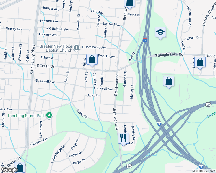 map of restaurants, bars, coffee shops, grocery stores, and more near 2008 East Russell Avenue in High Point