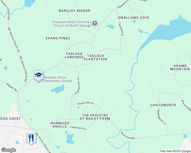 map of restaurants, bars, coffee shops, grocery stores, and more near 6117 Weobley Lane in Raleigh