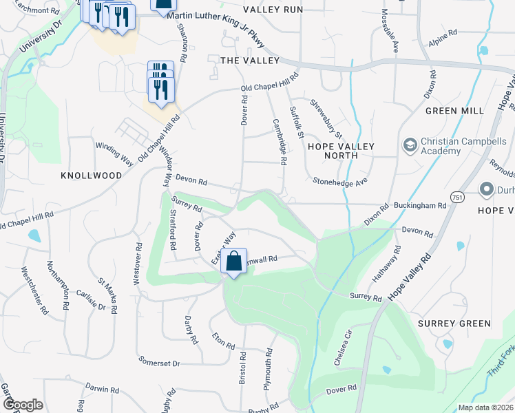 map of restaurants, bars, coffee shops, grocery stores, and more near 3124 Surrey Road in Durham