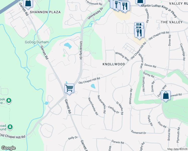 map of restaurants, bars, coffee shops, grocery stores, and more near 3 Knightsbridge Court in Durham