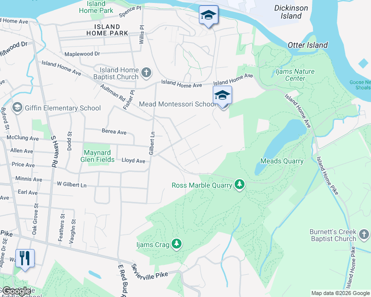 map of restaurants, bars, coffee shops, grocery stores, and more near 2524 Seaton Avenue Southeast in Knoxville