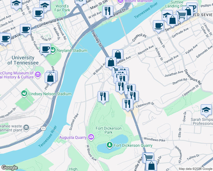 map of restaurants, bars, coffee shops, grocery stores, and more near 508 Augusta Avenue in Knoxville