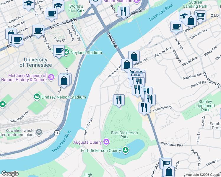 map of restaurants, bars, coffee shops, grocery stores, and more near 511 Cambridge Street in Knoxville