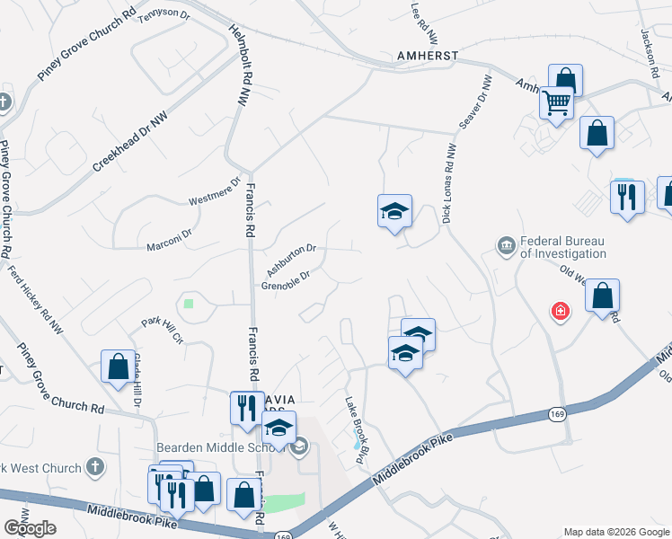 map of restaurants, bars, coffee shops, grocery stores, and more near 1141 Heatherfield Lane in Knoxville