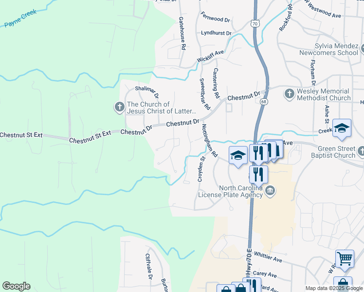 map of restaurants, bars, coffee shops, grocery stores, and more near 1708 Huntington Circle in High Point