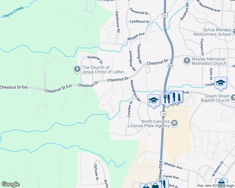 map of restaurants, bars, coffee shops, grocery stores, and more near 1708 Huntington Circle in High Point