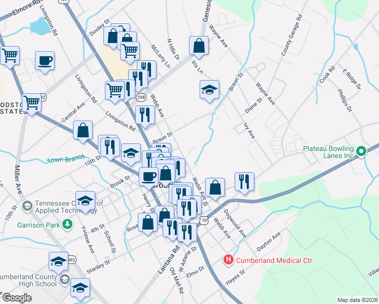 map of restaurants, bars, coffee shops, grocery stores, and more near 430 Webb Avenue in Crossville