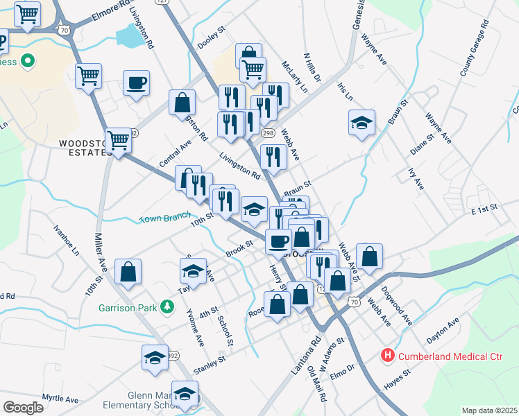 map of restaurants, bars, coffee shops, grocery stores, and more near in Crossville