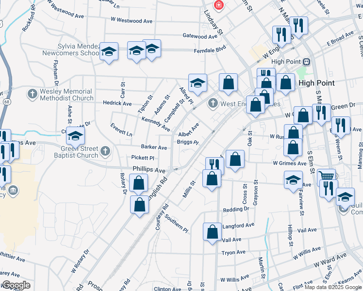 map of restaurants, bars, coffee shops, grocery stores, and more near 117 Briggs Place in High Point