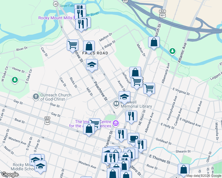 map of restaurants, bars, coffee shops, grocery stores, and more near 521 Peachtree Street in Rocky Mount