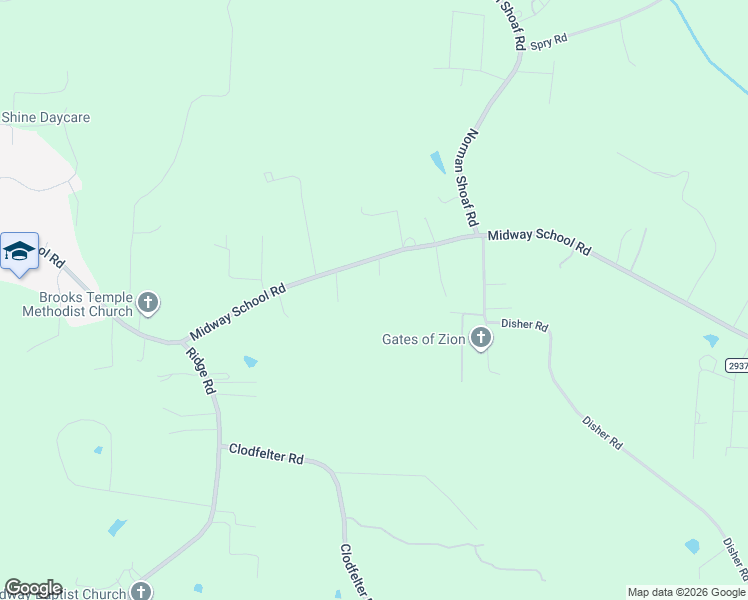 map of restaurants, bars, coffee shops, grocery stores, and more near 1216 Midway School Road in Winston-Salem