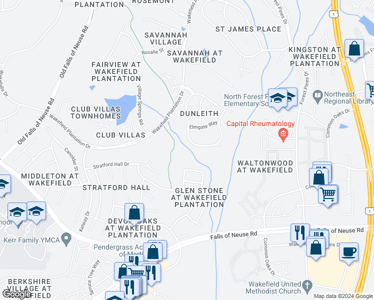 map of restaurants, bars, coffee shops, grocery stores, and more near 12441 Richmond Run Drive in Raleigh