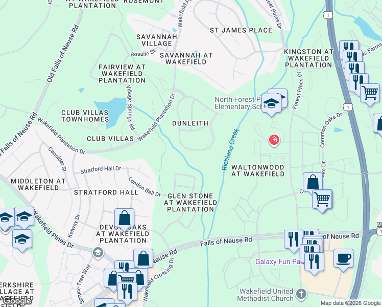 map of restaurants, bars, coffee shops, grocery stores, and more near 12425 Richmond Run Drive in Raleigh