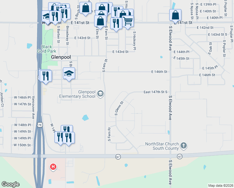 map of restaurants, bars, coffee shops, grocery stores, and more near 14716 South Fern Place in Glenpool