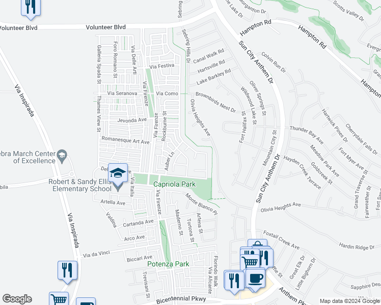 map of restaurants, bars, coffee shops, grocery stores, and more near 2101 Canvas Edge Drive in Henderson