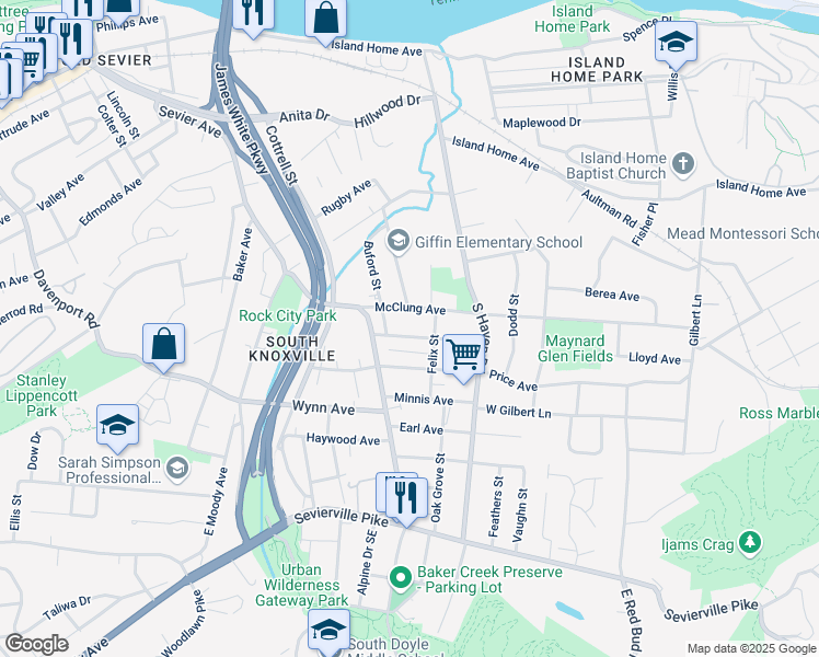 map of restaurants, bars, coffee shops, grocery stores, and more near 1737 McClung Avenue in Knoxville