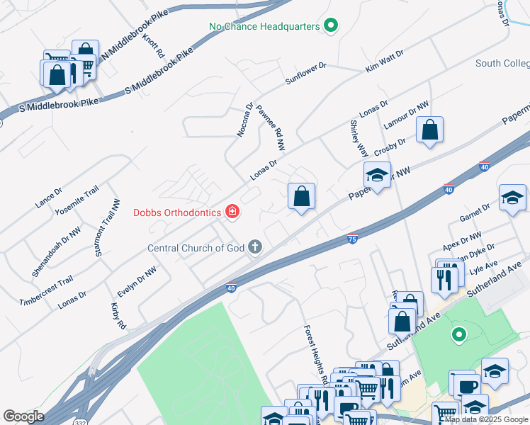 map of restaurants, bars, coffee shops, grocery stores, and more near 1635 Chenoweth Circle in Knoxville