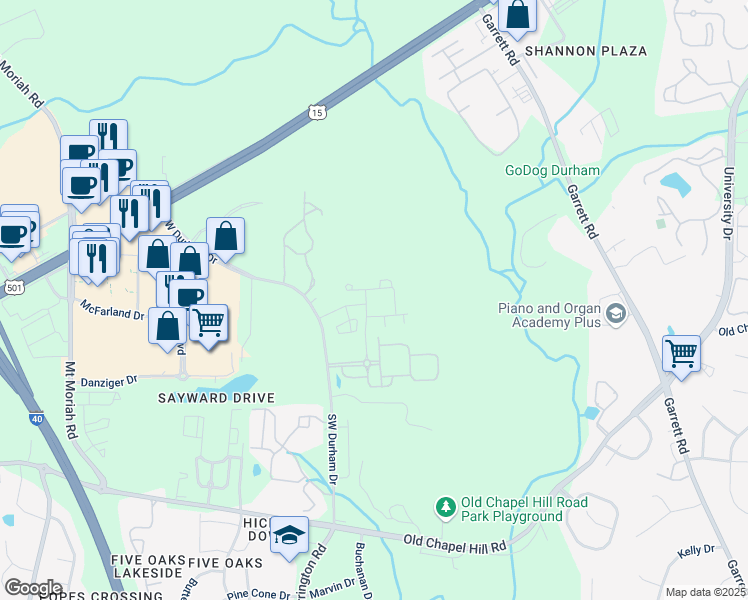 map of restaurants, bars, coffee shops, grocery stores, and more near 1055 Stillwell Drive in Durham