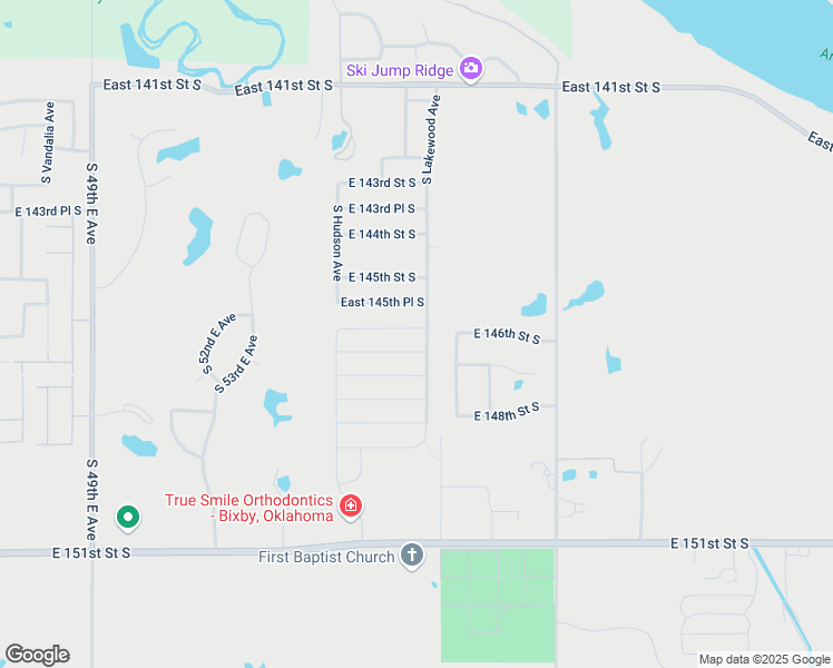 map of restaurants, bars, coffee shops, grocery stores, and more near 6064 East 145th Street South in Bixby