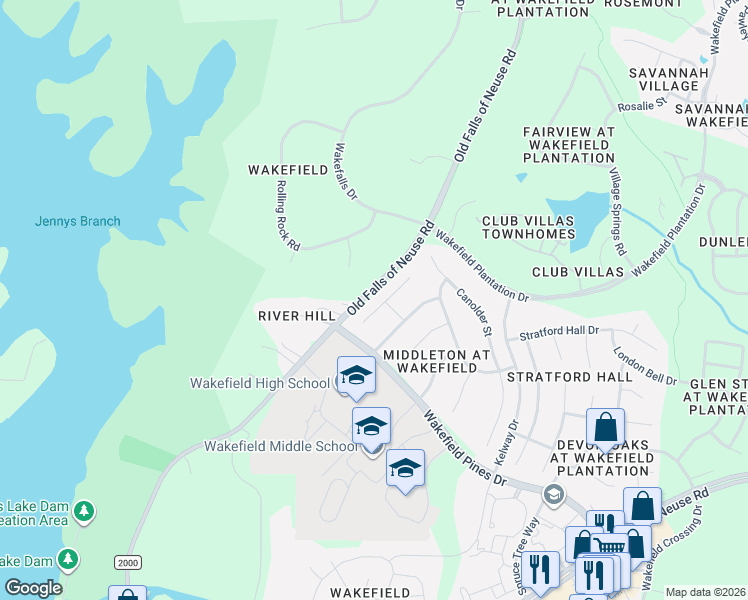 map of restaurants, bars, coffee shops, grocery stores, and more near 6204 Stoney Bluff Court in Wake Forest