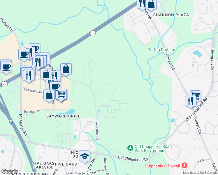 map of restaurants, bars, coffee shops, grocery stores, and more near 1055 Stillwell Drive in Durham