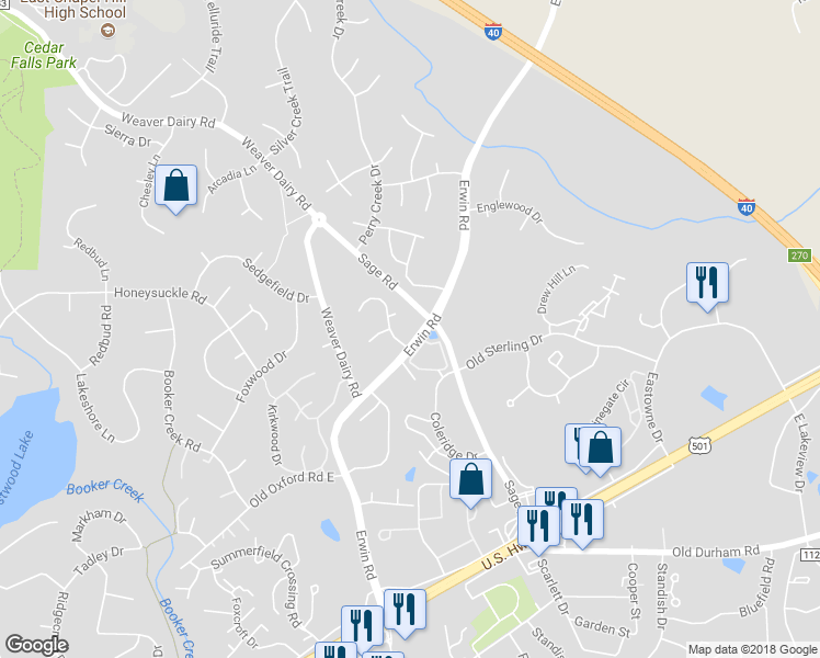 map of restaurants, bars, coffee shops, grocery stores, and more near 255 Erwin Road in Chapel Hill