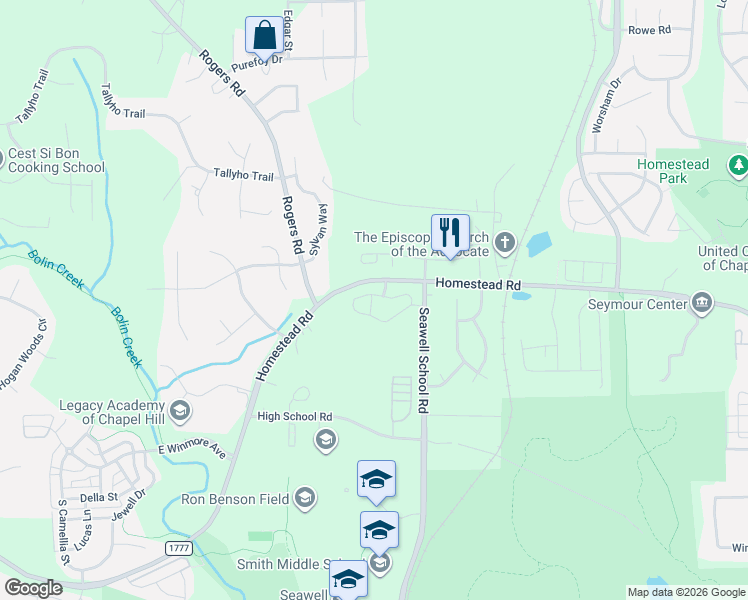 map of restaurants, bars, coffee shops, grocery stores, and more near 1915 Homestead Road in Chapel Hill