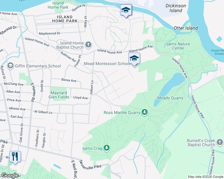 map of restaurants, bars, coffee shops, grocery stores, and more near 2817 Peachtree Street in Knoxville