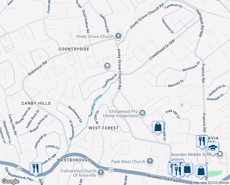 map of restaurants, bars, coffee shops, grocery stores, and more near 1909 Piney Grove Church Road in Knoxville