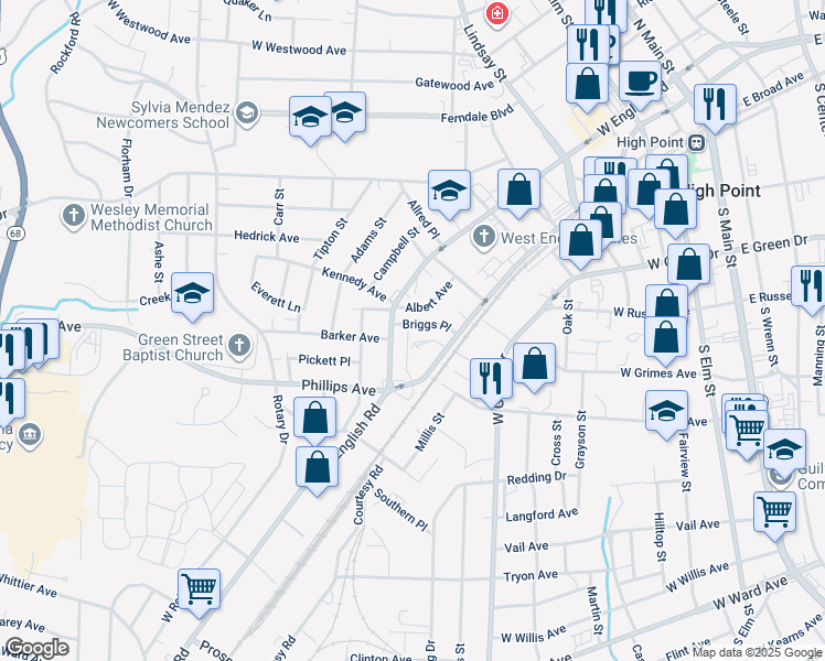 map of restaurants, bars, coffee shops, grocery stores, and more near 117 Briggs Place in High Point