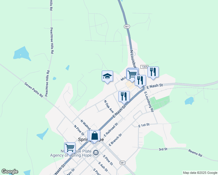 map of restaurants, bars, coffee shops, grocery stores, and more near 401 McLean Street in Spring Hope