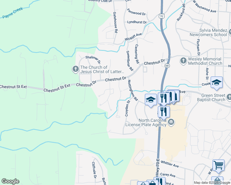 map of restaurants, bars, coffee shops, grocery stores, and more near 1710 Huntington Circle in High Point